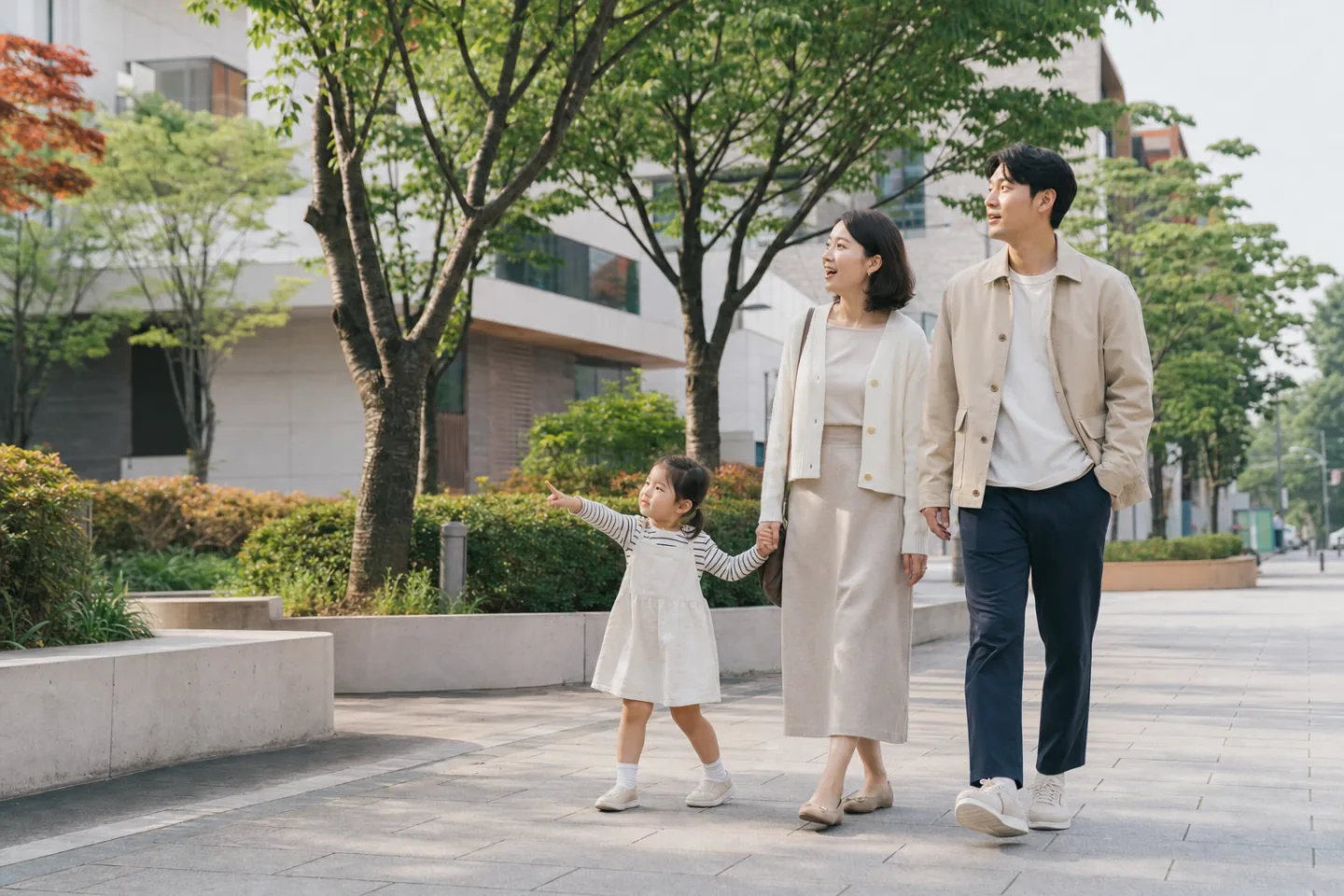 도심의 녹음 속을 함께 걷는 가족을 표현한 강남살림 브랜드 이미지